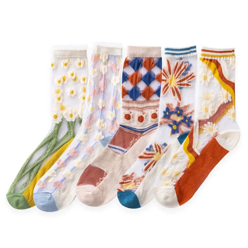 Sheer Daisy Lace Sheer Quarter Socks(5 Pairs) - Multicolor - EU35-40(US2-7) - image 3