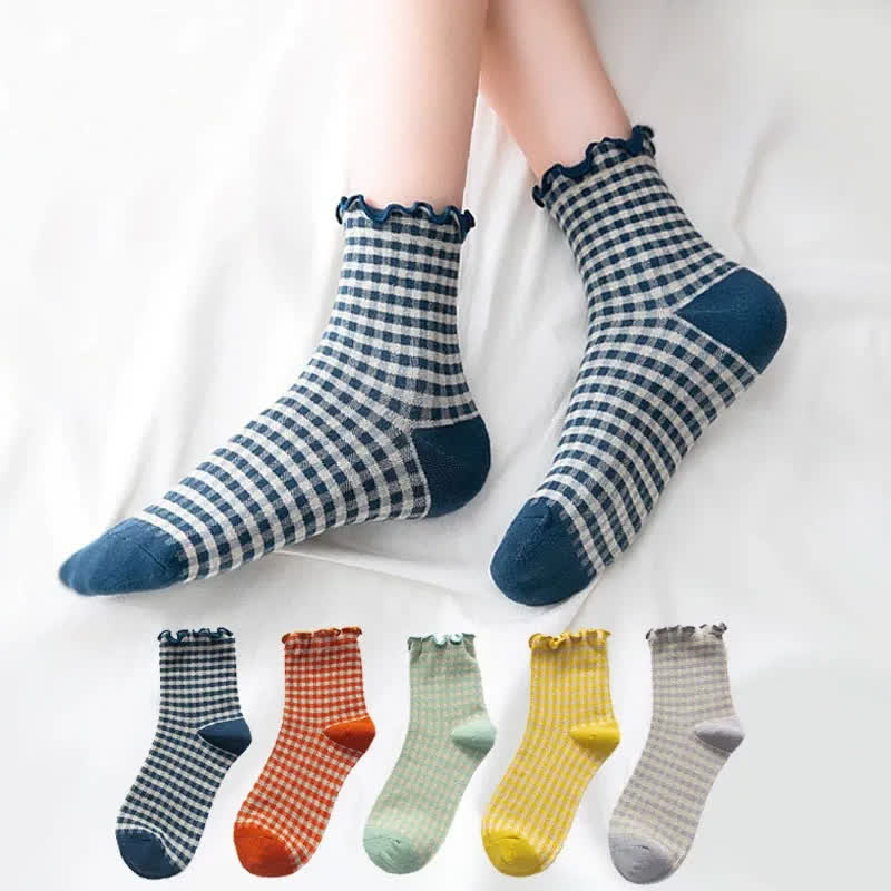 Ruffle Plaid Quarter Socks(6 Pairs) - image 0