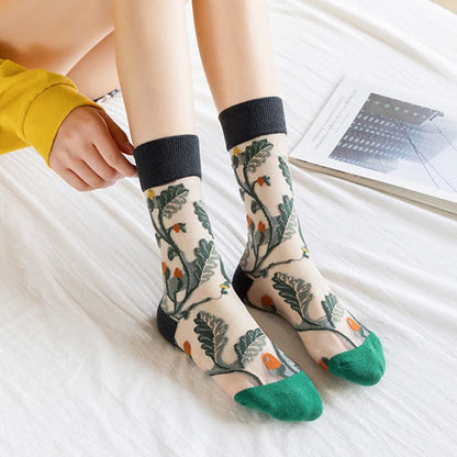 Vintage Flowers Bird Sheer Quarter Socks(4 Pairs) - image 1