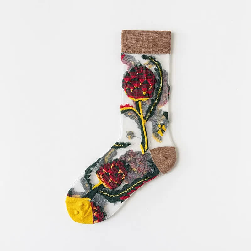 Vintage Flowers Bird Sheer Quarter Socks(4 Pairs) - Brown - EU35-41(US2-7.5) - image 8
