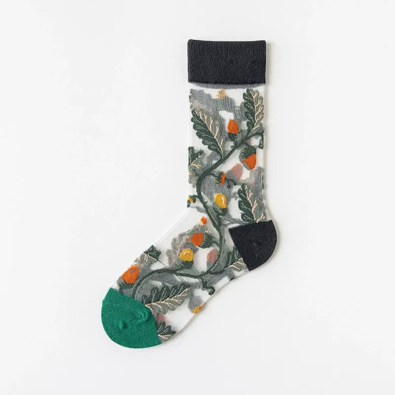 Vintage Flowers Bird Sheer Quarter Socks(4 Pairs) - Dark Green - EU35-41(US2-7.5) - image 12