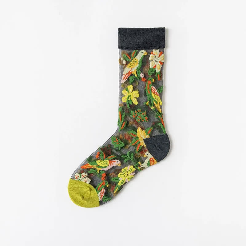 Vintage Flowers Bird Sheer Quarter Socks(4 Pairs) - Army Green - EU35-41(US2-7.5) - image 10
