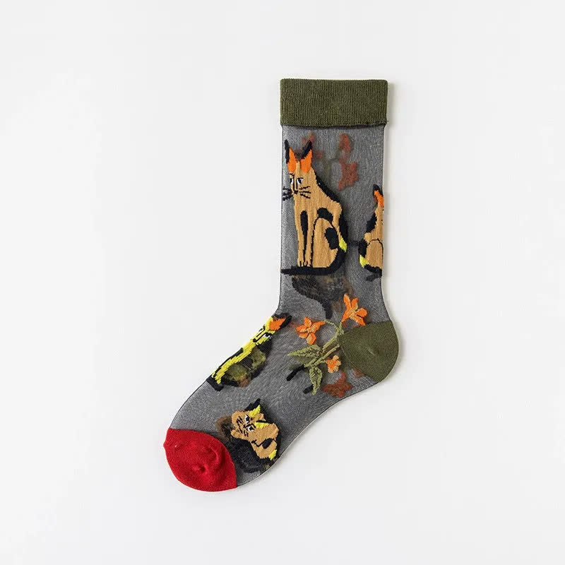 Vintage Flowers Bird Sheer Quarter Socks(4 Pairs) - Red - EU35-41(US2-7.5) - image 14