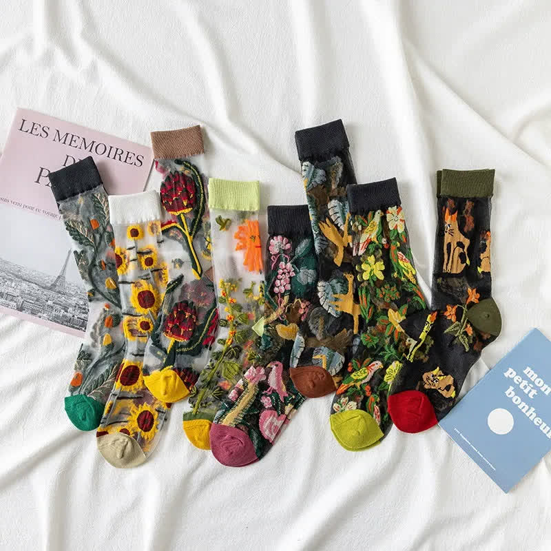 Vintage Flowers Bird Sheer Quarter Socks(4 Pairs) - image 6