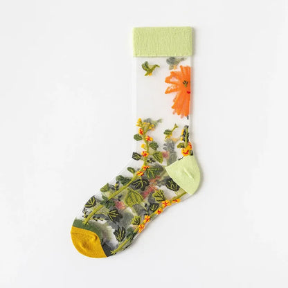 Vintage Flowers Bird Sheer Quarter Socks(4 Pairs) - Light Green - EU35-41(US2-7.5) - image 7