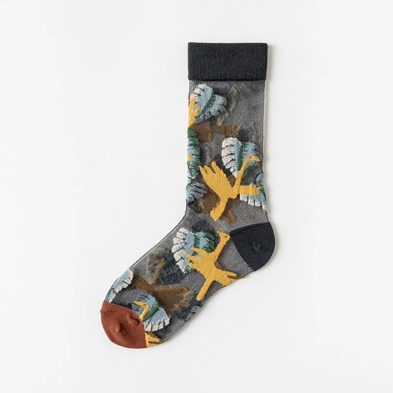 Vintage Flowers Bird Sheer Quarter Socks(4 Pairs) - Black - EU35-41(US2-7.5) - image 13
