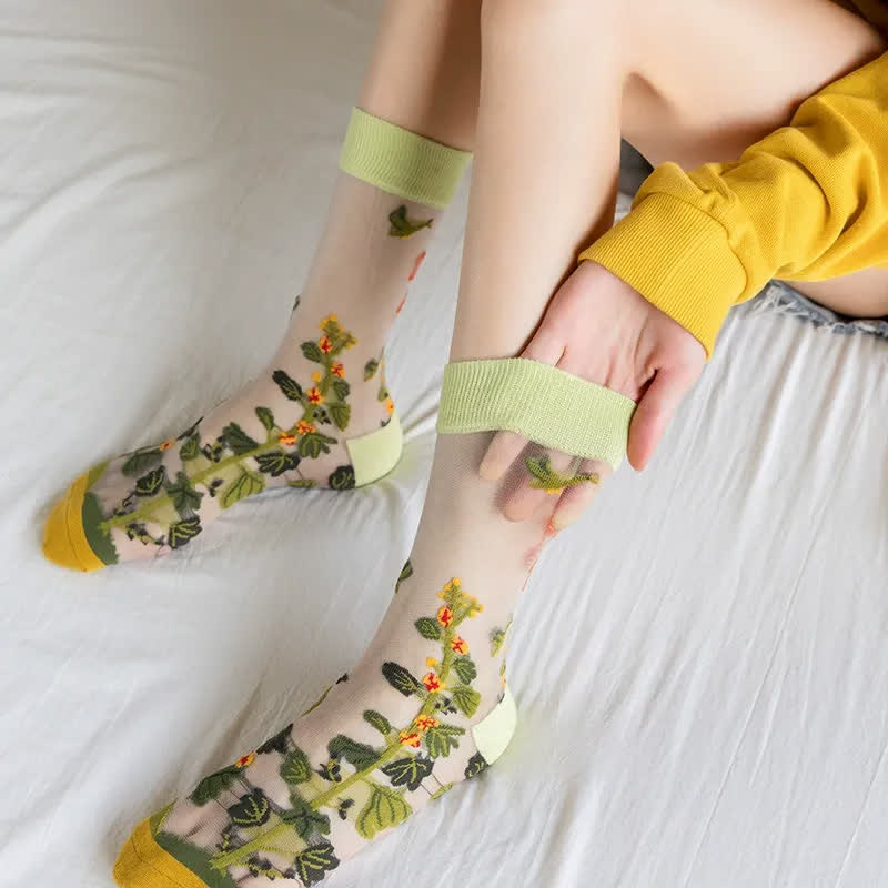 Vintage Flowers Bird Sheer Quarter Socks(4 Pairs) - image 5