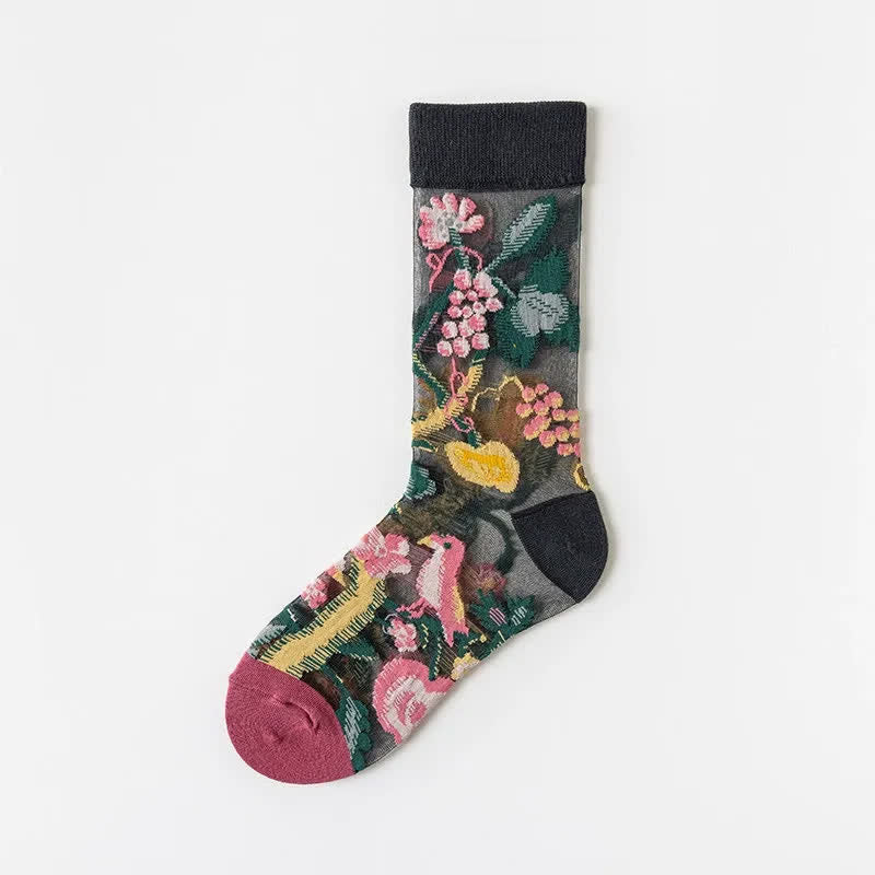 Vintage Flowers Bird Sheer Quarter Socks(4 Pairs) - Rose - EU35-41(US2-7.5) - image 11