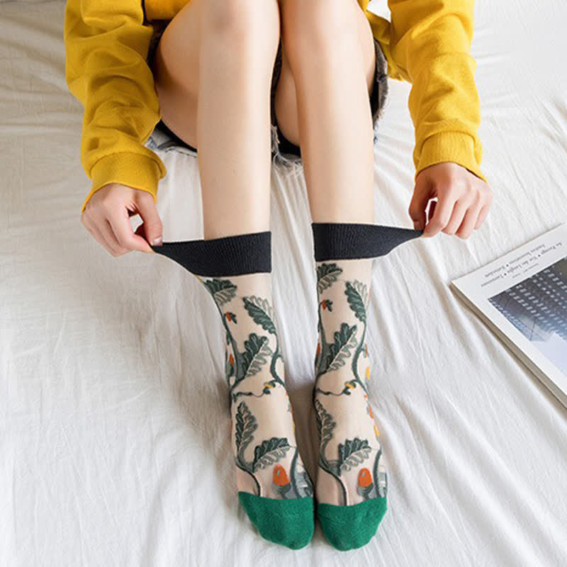 Vintage Flowers Bird Sheer Quarter Socks(4 Pairs) - image 4
