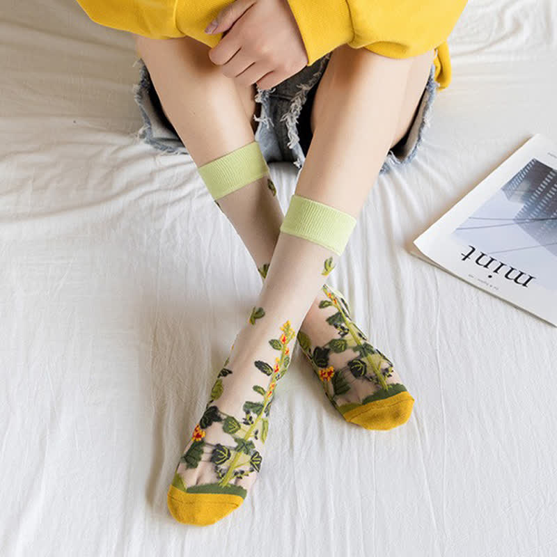 Vintage Flowers Bird Sheer Quarter Socks(4 Pairs) - image 3