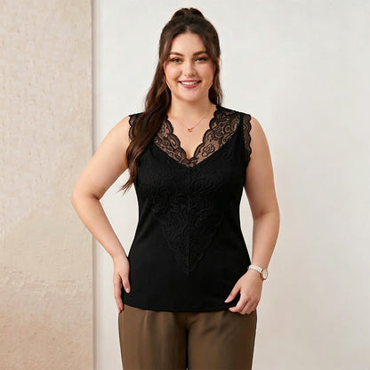Plus Size Lace V Neck Tank Top - Black - 4XL - image 1