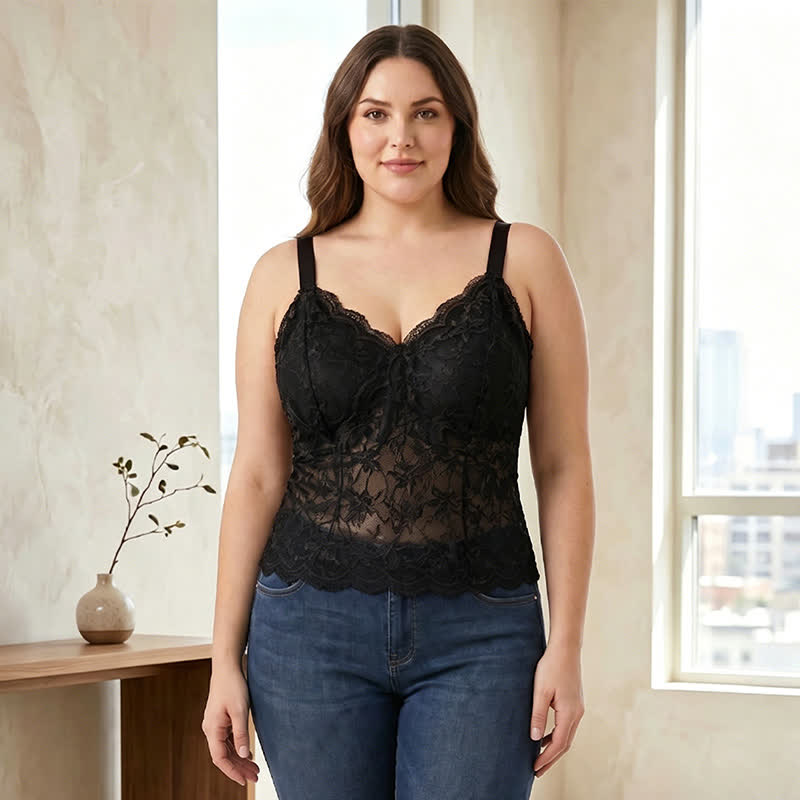 Plus Size Lace V Neck Tank Top(2 Pieces) - Black+Red - XXXL - image 6