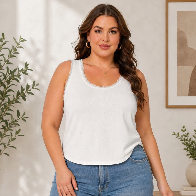 Plus Size Casual Lace Tank Top - White - 3XL - image 3