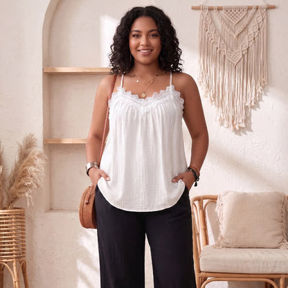Plus Size Lace Trim Flowy Tank Top - White - 3XL - image 4