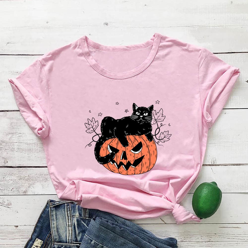 Plus Size Cat Pumpkin Print Short Sleeve T-Shirt - Pink - 3XL - image 4