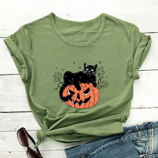Plus Size Cat Pumpkin Print Short Sleeve T-Shirt - Green - 3XL - image 0