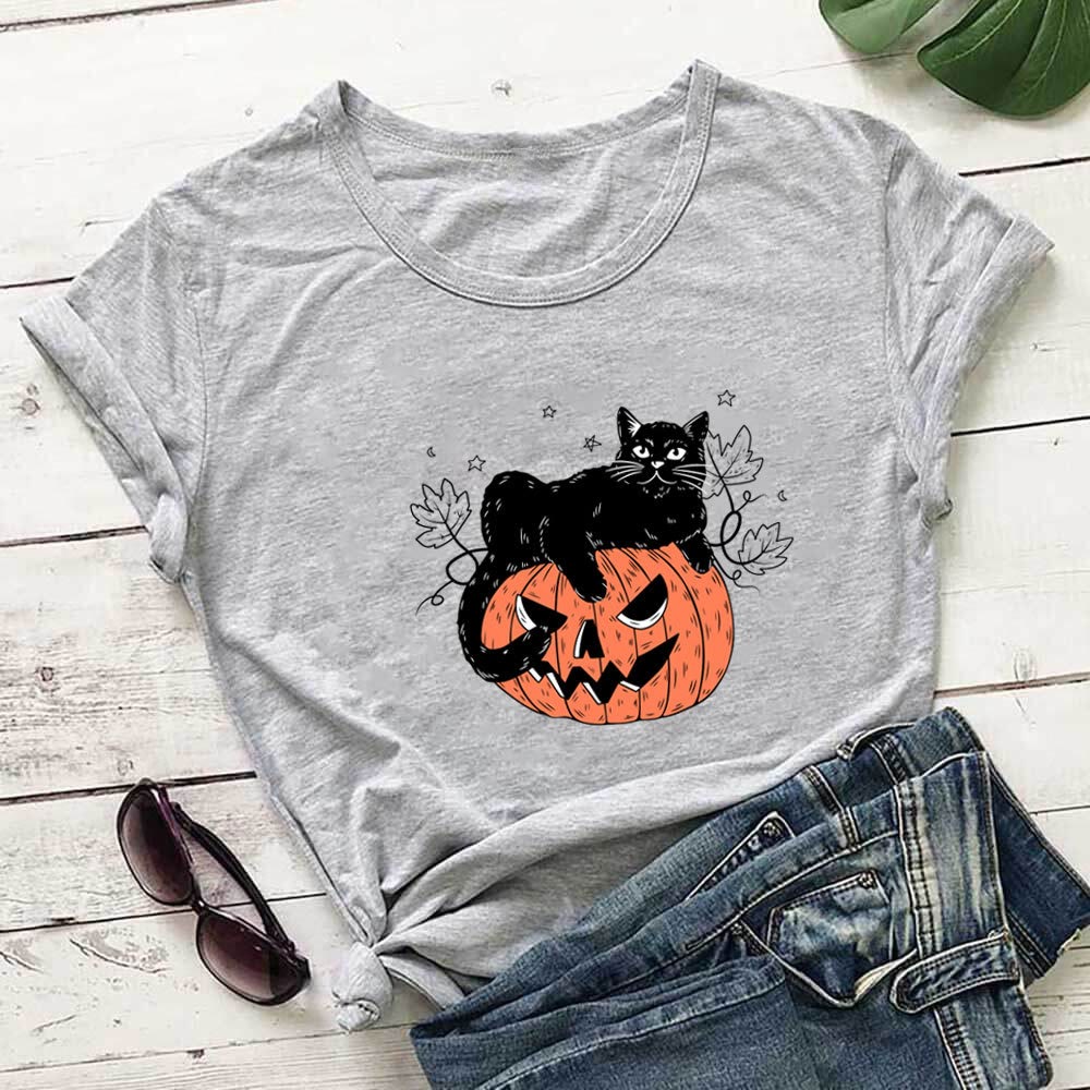 Plus Size Cat Pumpkin Print Short Sleeve T-Shirt - Grey - 3XL - image 2