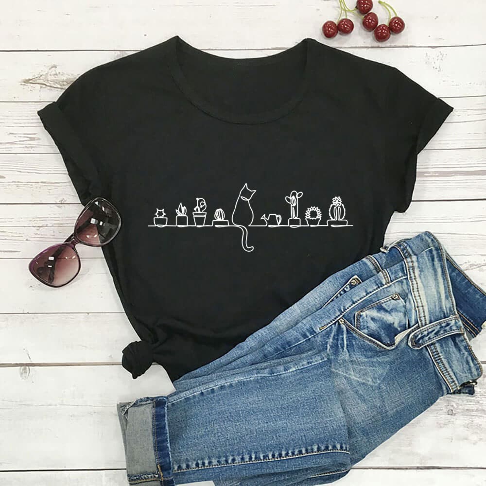 Plus Size Cat Flower Short Sleeve T-shirt - Black - 3XL - image 0