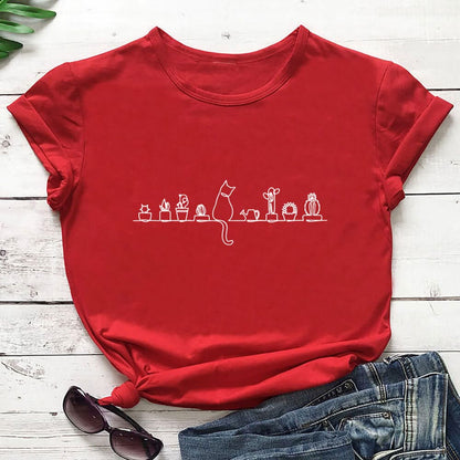Plus Size Cat Flower Short Sleeve T-shirt - Red - 3XL - image 4