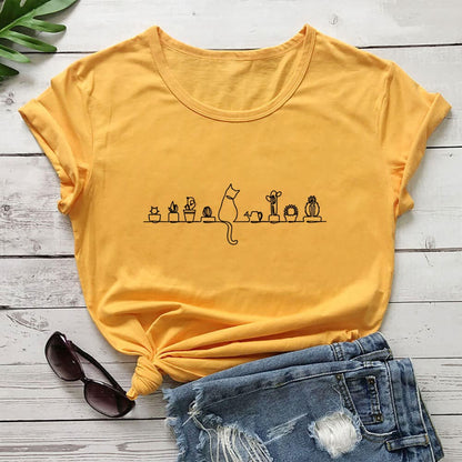 Plus Size Cat Flower Short Sleeve T-shirt - Yellow - 3XL - image 6