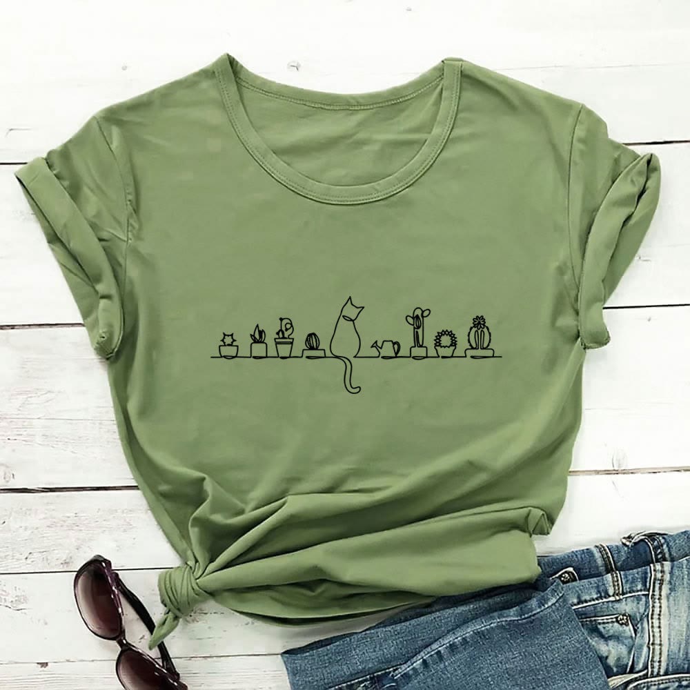 Plus Size Cat Flower Short Sleeve T-shirt - Green - 3XL - image 5