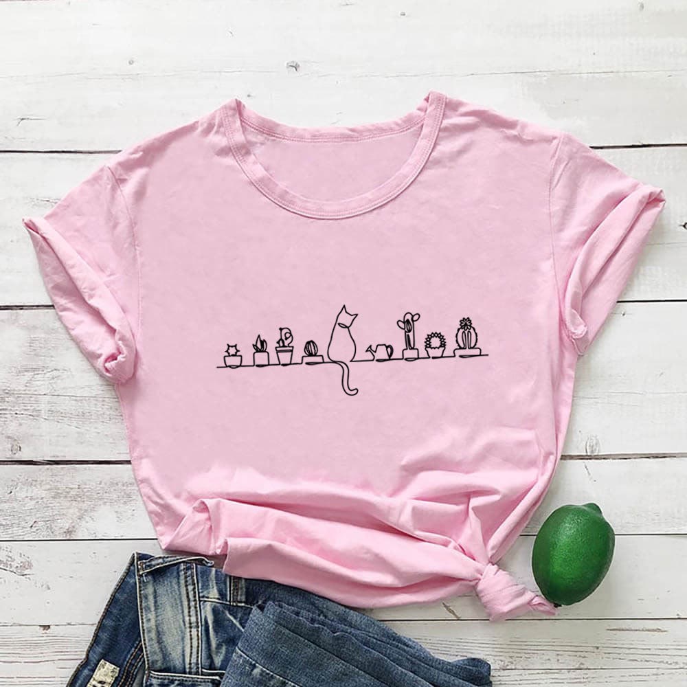 Plus Size Cat Flower Short Sleeve T-shirt - Pink - 3XL - image 3