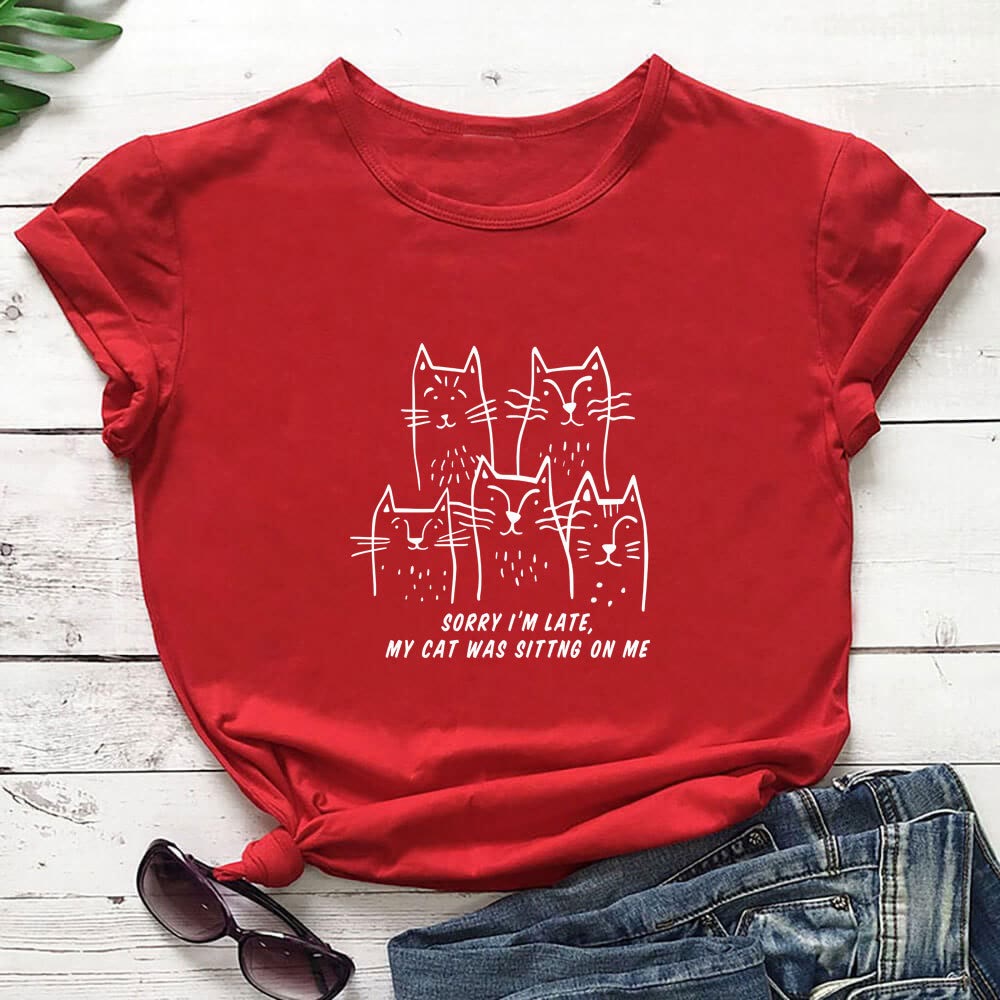 Plus Size Cat Funny Letter Short Sleeve T-shirt - Red - 3XL - image 2