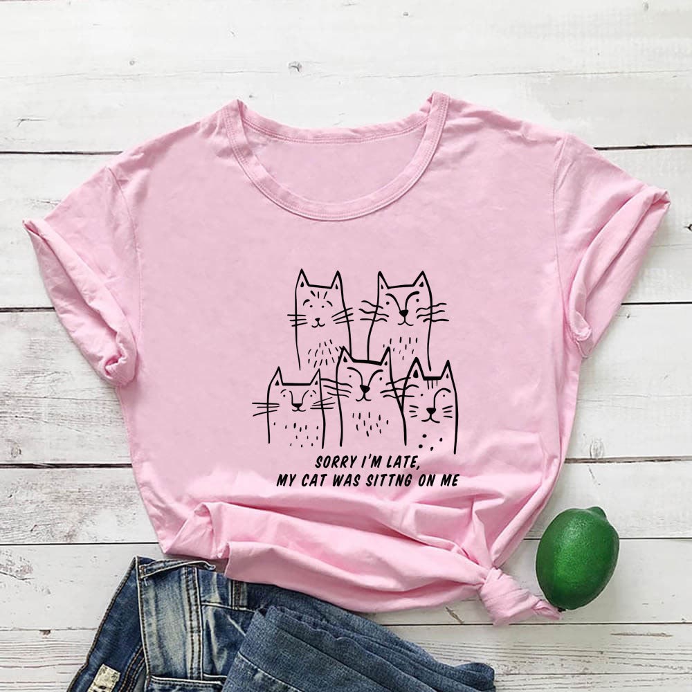 Plus Size Cat Funny Letter Short Sleeve T-shirt - Pink - 3XL - image 3