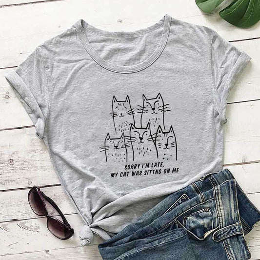 Plus Size Cat Funny Letter Short Sleeve T-shirt - Grey - 3XL - image 0