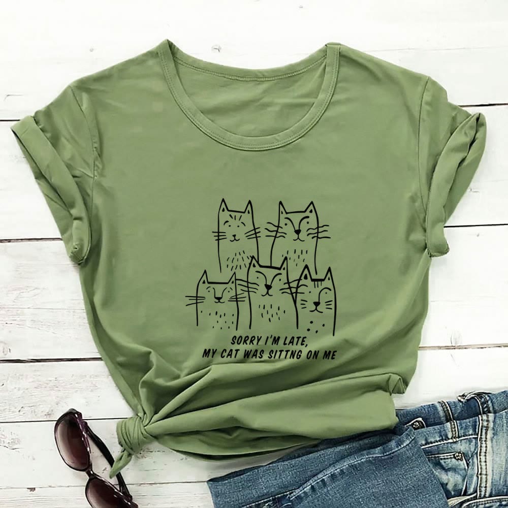 Plus Size Cat Funny Letter Short Sleeve T-shirt - Green - 3XL - image 7