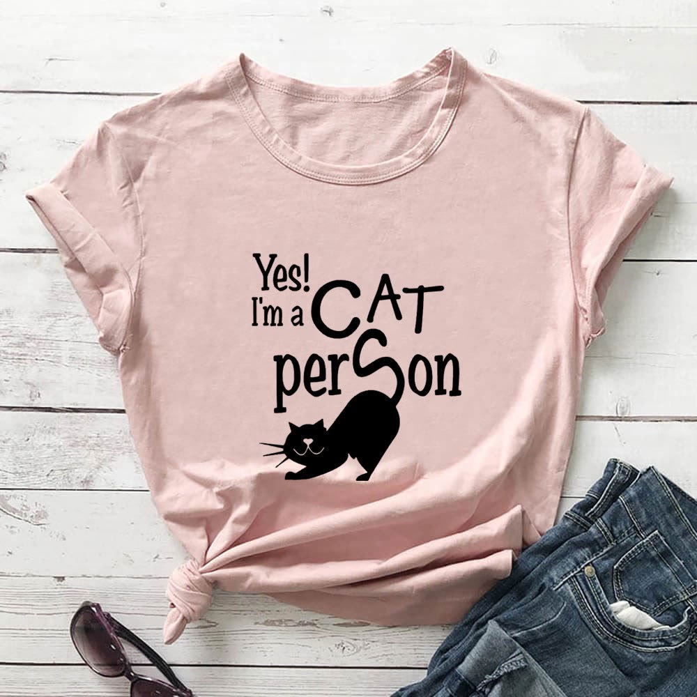 Plus Size Cat Person Letter Short Sleeve T-shirt - Light Pink - 3XL - image 1