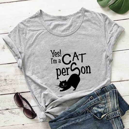 Plus Size Cat Person Letter Short Sleeve T-shirt - Grey - 3XL - image 0