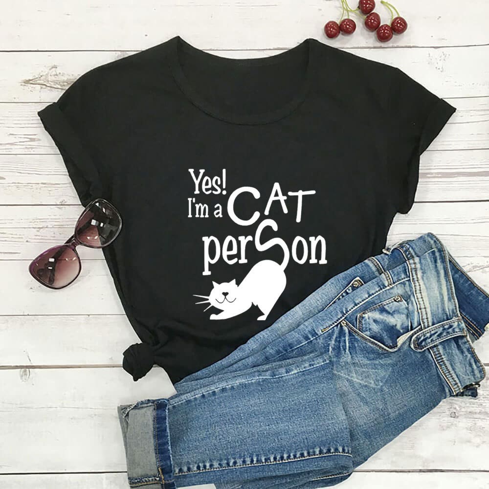 Plus Size Cat Person Letter Short Sleeve T-shirt - Black - 3XL - image 2