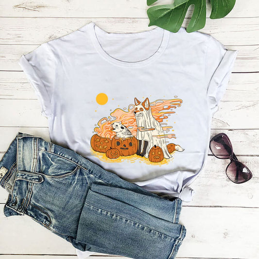 Plus Size Dog Pumpkin Short Sleeve T-shirt - White - 3XL - image 0