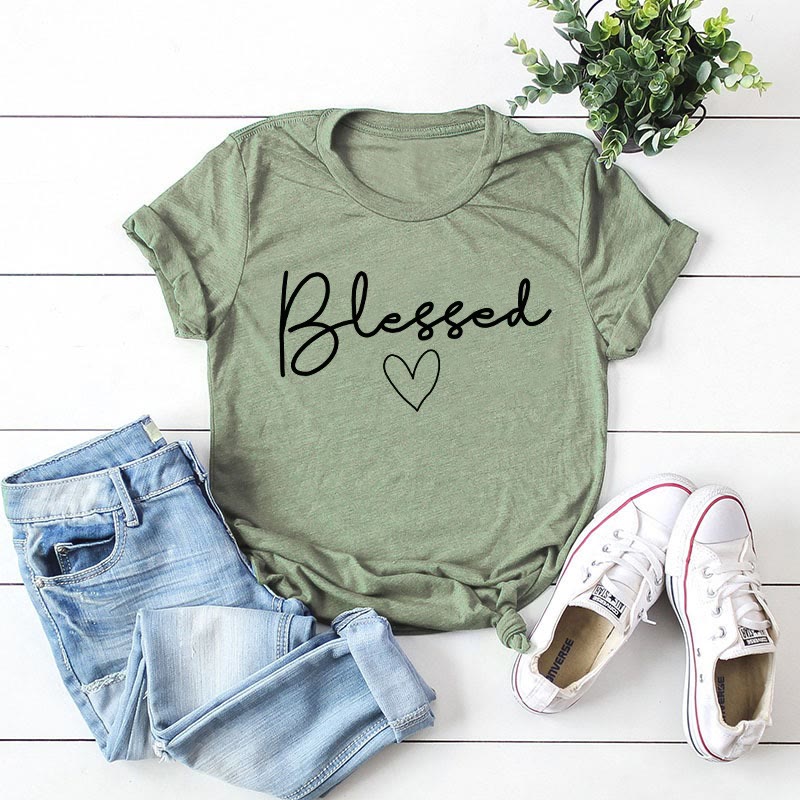 Plus Size Blessed Heart Shape T-shirt - Olive Green - 5XL - image 4