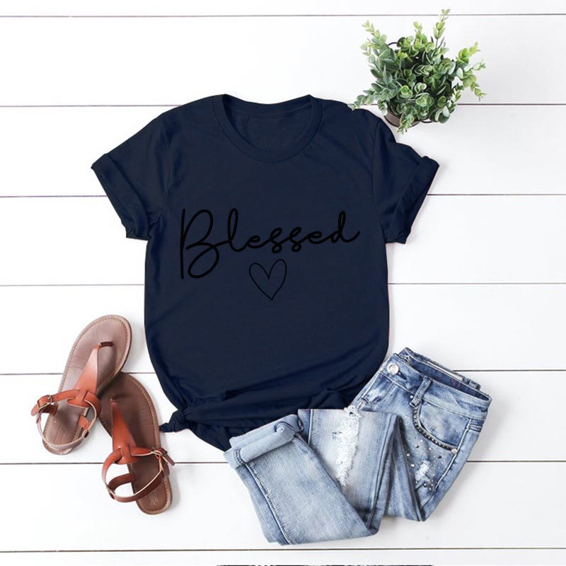 Plus Size Blessed Heart Shape T-shirt - Navy Blue - 5XL - image 8