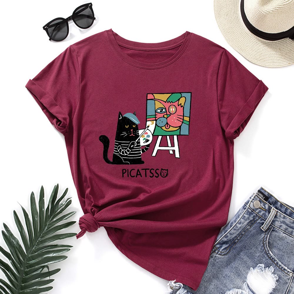 Plus Size Cartoon Cat Print T-shirt - Wine - 5XL - image 7