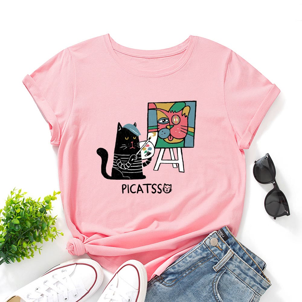 Plus Size Cartoon Cat Print T-shirt - Pink - 5XL - image 5