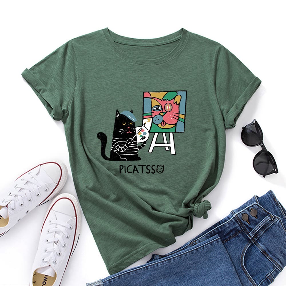 Plus Size Cartoon Cat Print T-shirt - Army Green - 5XL - image 3