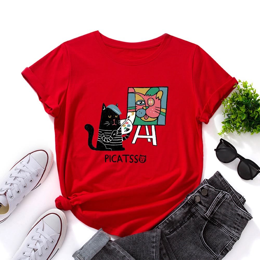 Plus Size Cartoon Cat Print T-shirt - Red - 5XL - image 1