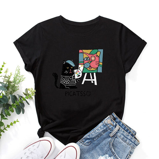 Plus Size Cartoon Cat Print T-shirt - Black - 5XL - image 0