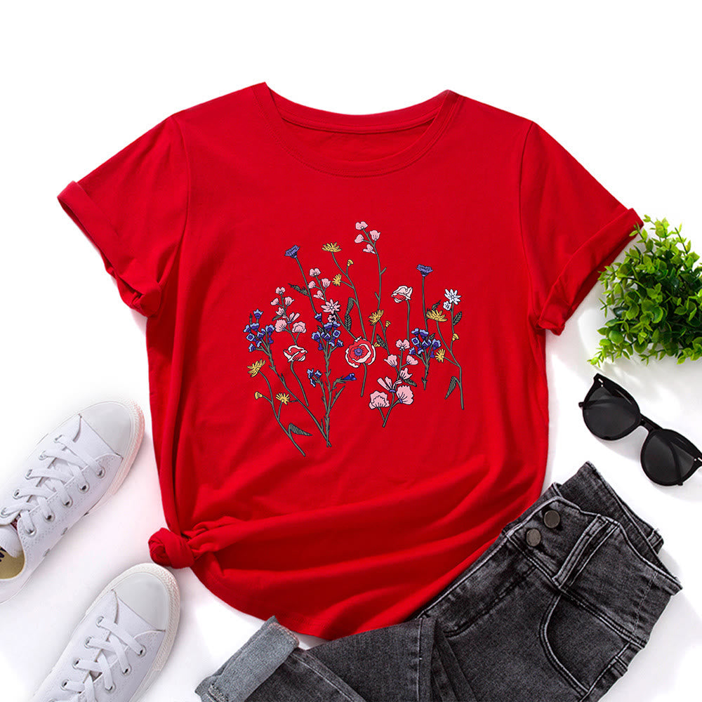 Plus Size Fresh Flowers Print T-shirt - Red - 5XL - image 2