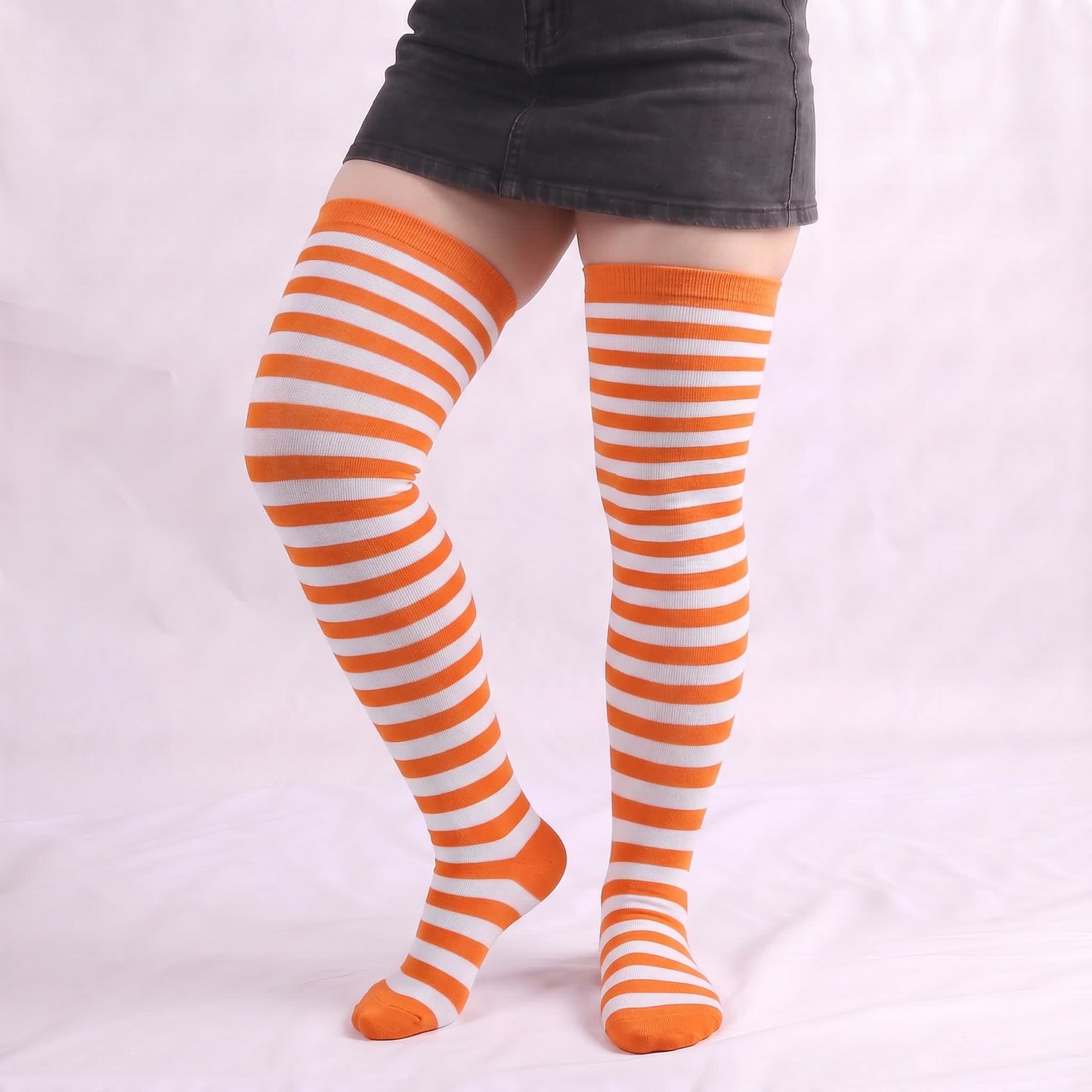 Soft Striped Casual Thigh High Socks(4 Pairs) - Orange - One Size - image 10