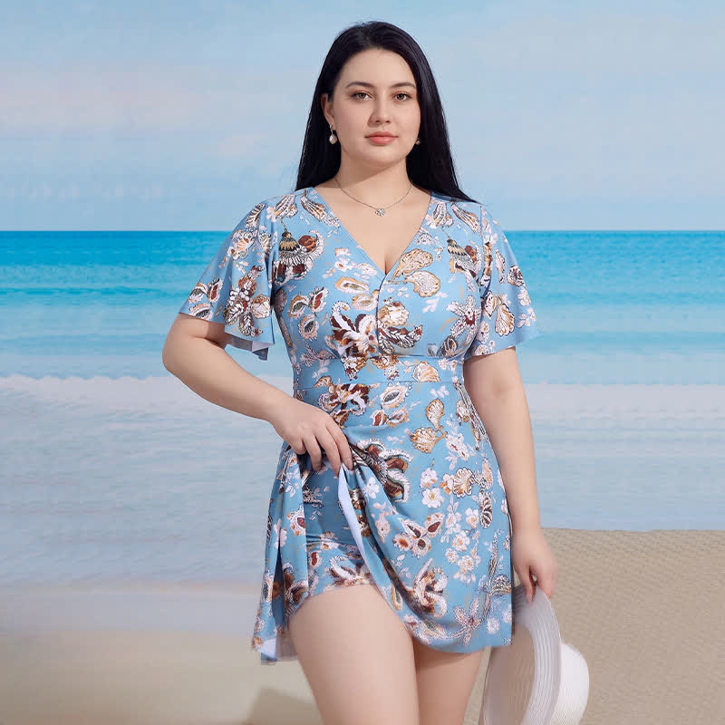 V-neck Flared Sleeve Tummy Control Swim Dress - image 5