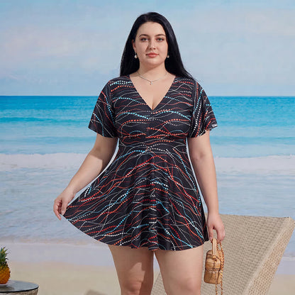 V-neck Flared Sleeve Tummy Control Swim Dress - D - 9XL - Two-Piece - image 2