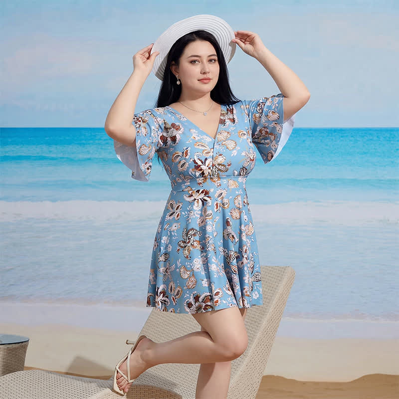 V-neck Flared Sleeve Tummy Control Swim Dress - image 4
