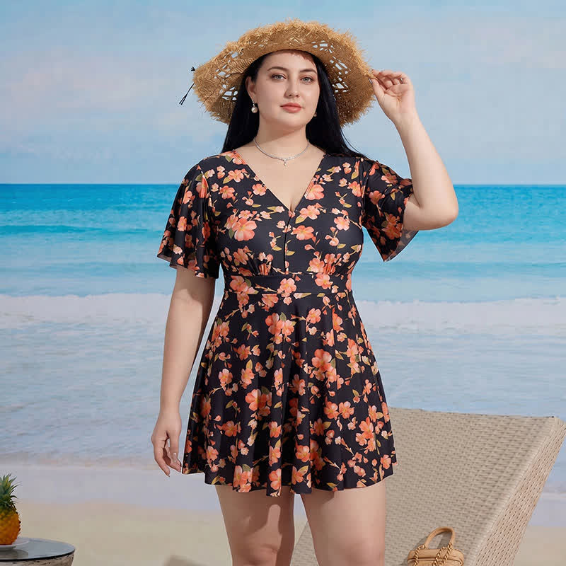 Floral V Neck Resort Swim Dress - B - 9XL - Two-Piece - image 1