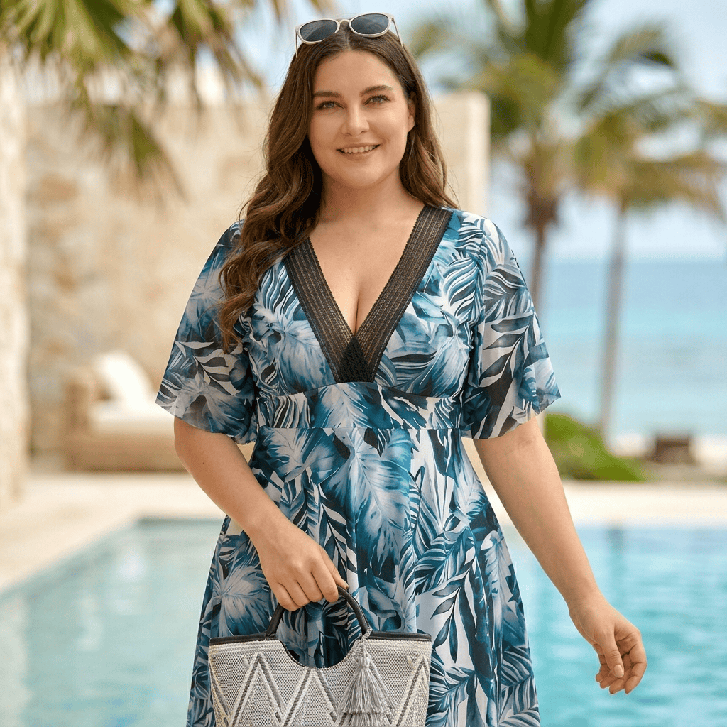 Tropical Leaf Backless Swim Dress - Blue - 3XL - image 0