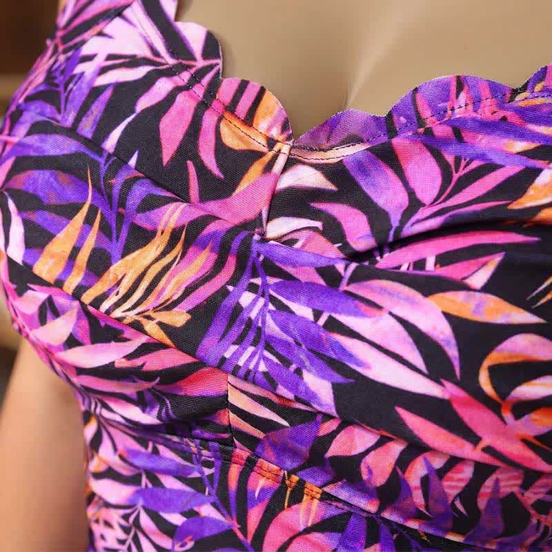 Vintage Flower Leaf Print Ruched One-Piece Swimsuit - image 13
