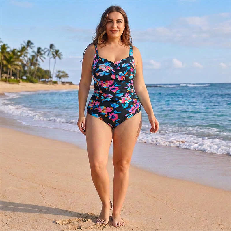 Vintage Flower Leopard Print Ruched One-piece Swimsuit - image 12